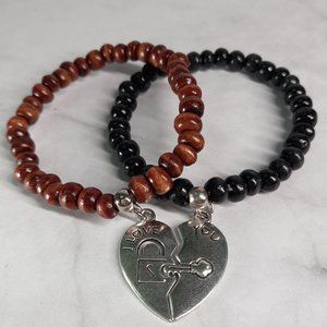 Couple Bracelets Beaded Woods I Love You Charm